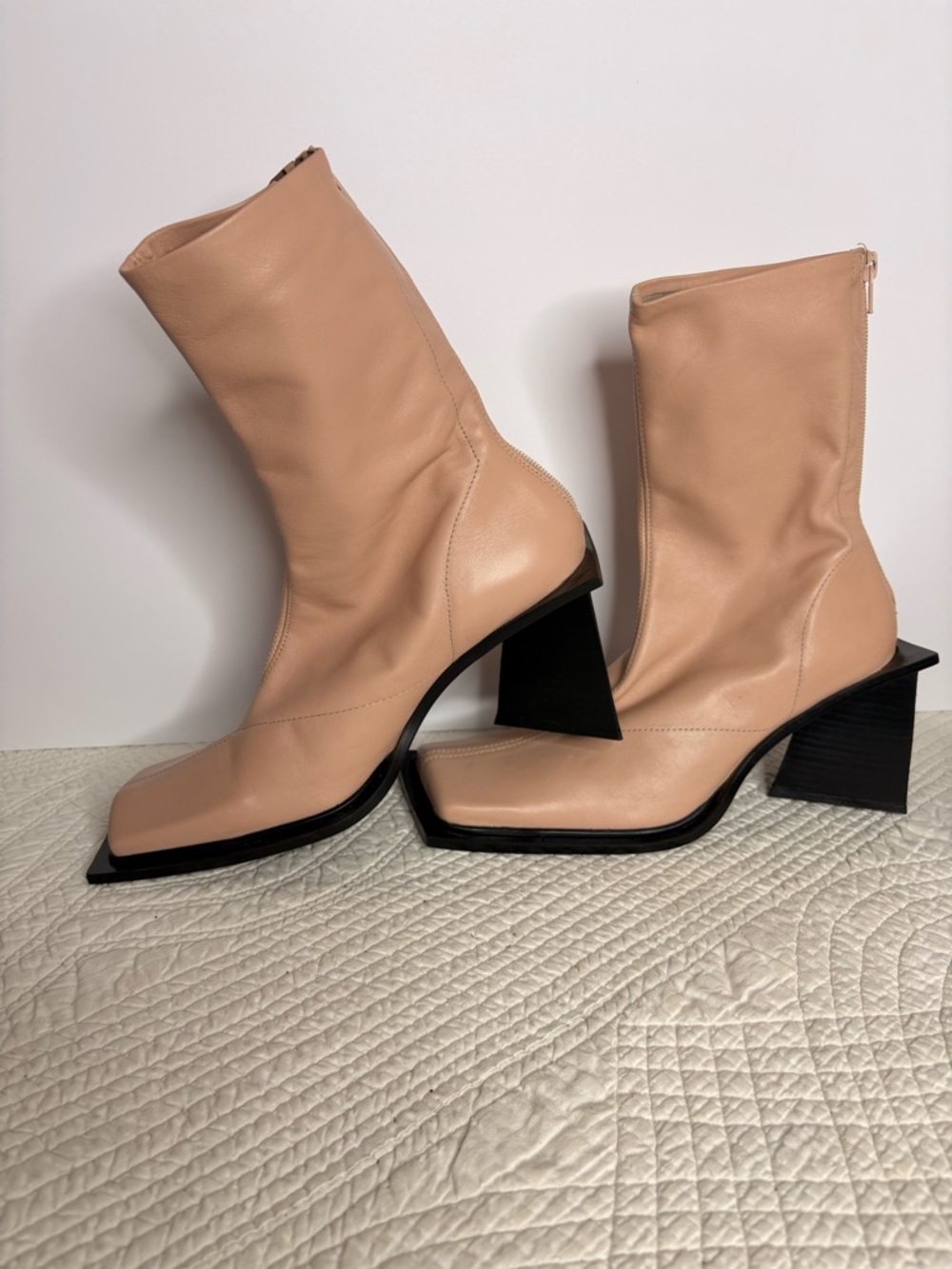 TOPSHOP Halo Square-Toe Mid-Calf Block Heel Boots - Beige/pink